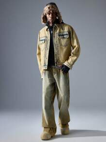 NEON BLANC Men's Street Fashion Woven Denim Jacket, Long Sleeve