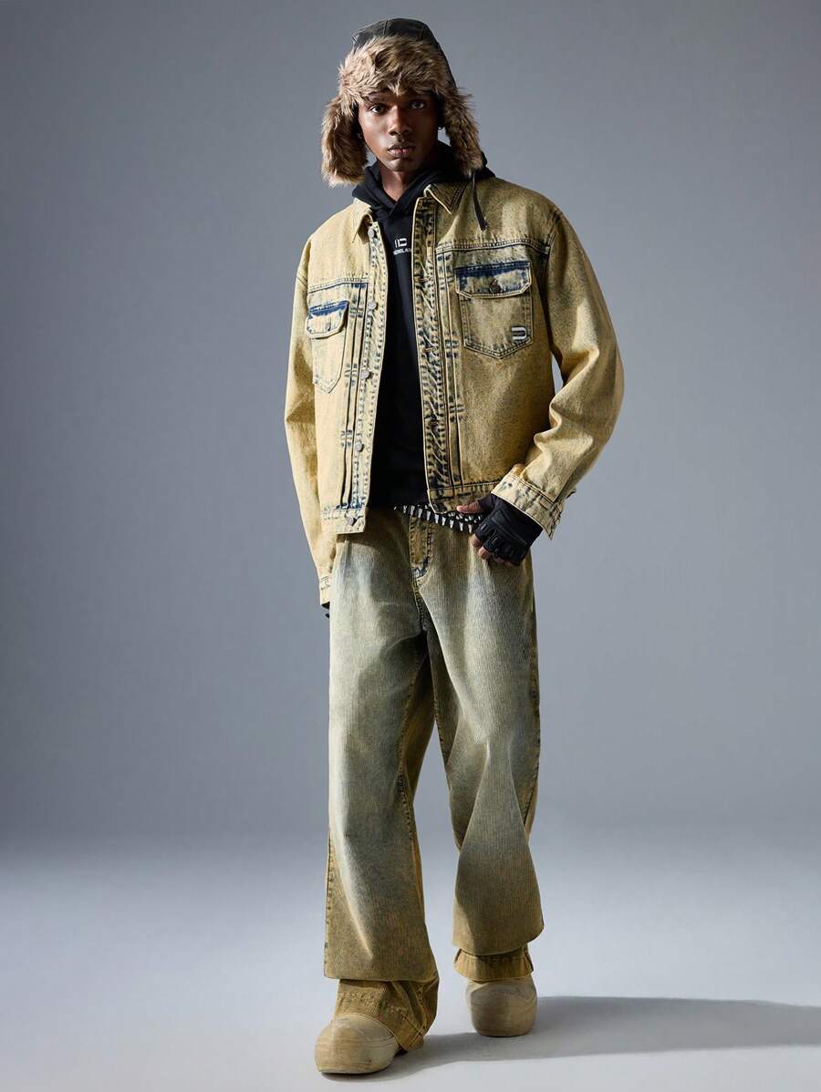 NEON BLANC Men's Street Fashion Woven Denim Jacket, Long Sleeve