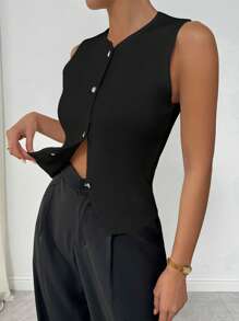 Chiquease Asymmetrical Button Design Women Knitted Cardigan Top - Black - View 5