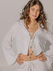 Aralina Striped Long Sleeve Vacation Tie Front Casual Cover Up Shirt - White - View 6