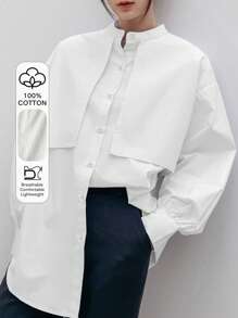 Dazy-Less Solid Button Front Drop Shoulder Shirt Old Money Style Business Casual Women Long Sleeve Top - White - View 1