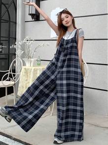 DAZY 女式格子宽松休闲无袖长款连体裤秋冬 - 藏蓝色 - 查看 4
