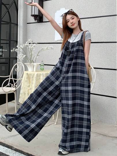 DAZY Bộ áo liền quần dài không tay dáng rộng kẻ caro cho nữ, thích hợp mặc nhà mùa thu/đông, đồ mặc nhà cho nữ.