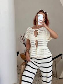SHEIN Frenchy Đầm babydoll thường ngày cỡ lớn đi nghỉ dưỡng kèm áo len cardigan buộc cổ - trắng - Xem 6