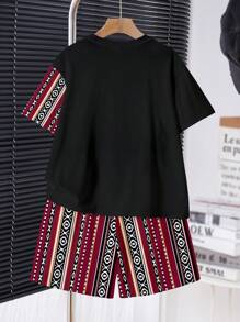SHEIN 2pcs Tween Boys Casual Classic Retro Rhombus Pattern Patchwork Print Crew Neck Shirt And Shorts Set, Summer - Multicolor - View 2