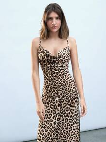 Maija Vestido de mujer con diseño de escote profundo, espalda cruzada ajustable y estampado de leopardo en la parte delantera y trasera, elegante y versátil, apropiado para principios de primavera y primavera