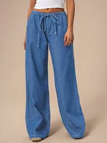 Forever 21 Women's Pockets Wide Leg Loose Casual Versatile Denim Jeans - Baby Blue - View 5