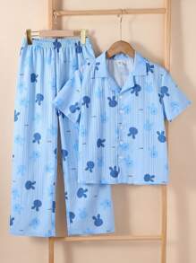 Tween Girl Pink Rabbit Print Long Pants And Short Sleeve Cardigan 2 Pieces Loungewear Set - Baby Blue - View 1