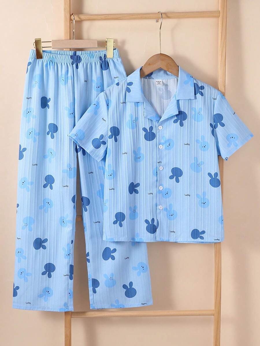 Tween Girl Pink Rabbit Print Long Pants And Short Sleeve Cardigan 2 Pieces Loungewear Set - Baby Blue - View 1