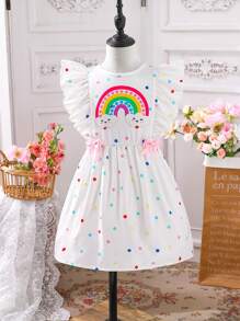 SHEIN 1 Piece Girls Summer Cute Toddler Rainbow Cloud Colorful Polka Dot Ruffle Hem Smiling Face Waist Gathering Casual/Cute/Travel Dress, Suitable For School And Outings In Summer Rainbow Girls Dress Rainbow Dress For Girls Rainbow Dress For Kids Princess Dress For Girls Young Girls Dresses Rainbow Dress Kids