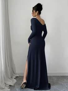 Siren Gaze 女士荷叶边腰单肩派对和节日连衣裙，长袖开衩紧身修身连衣裙，女士正装女士长袖连衣裙女士超长连衣裙女士蓝色连衣裙女士舞会礼服