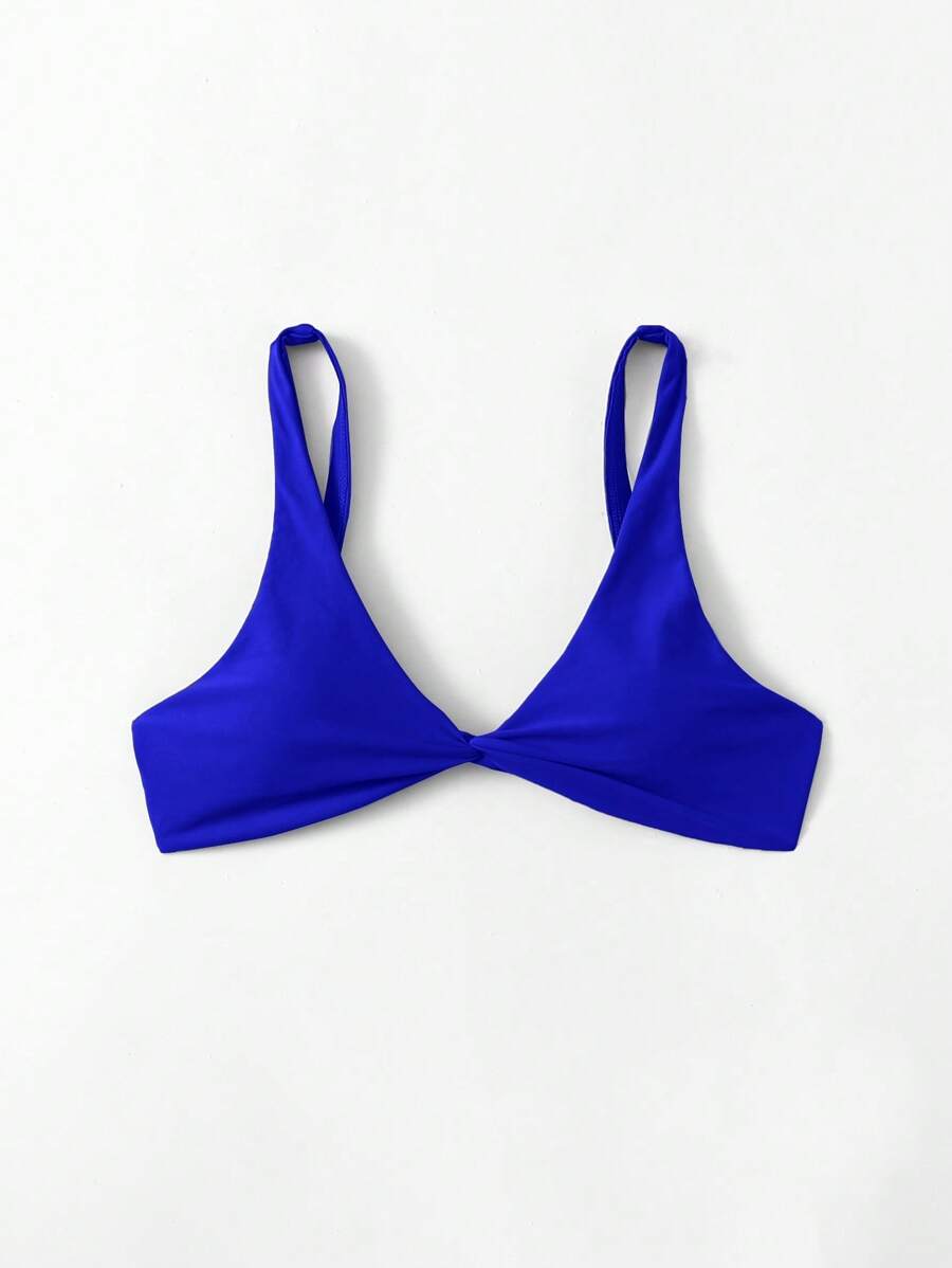 SHEIN Swim Top de bikini de unicolor con nudo delantero, para vacaciones/playa - azul real - Ver 1