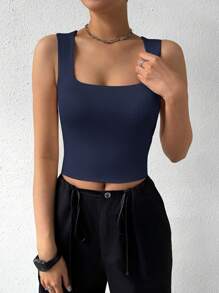 Siren Gaze 女士方领短款基本纯色背心 - 藏蓝色 - 查看 4