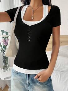 Zavorell Tricou slim 2 în 1 cu bloc de culoare șic - Negru - Vizualizare 6