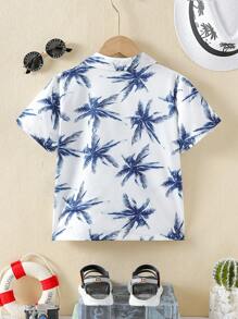 SHEIN Young Boy Tropical Palm Tree Print Button Down Short Sleeve Casual Shirt, Spring/Summer,Holiday,Summer,Travel