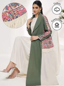 Al Najma Conservative Casual Color Block Print Patchwork Tassel Decorated Women's Arabian Abaya, Modest Robe - Green - View 1