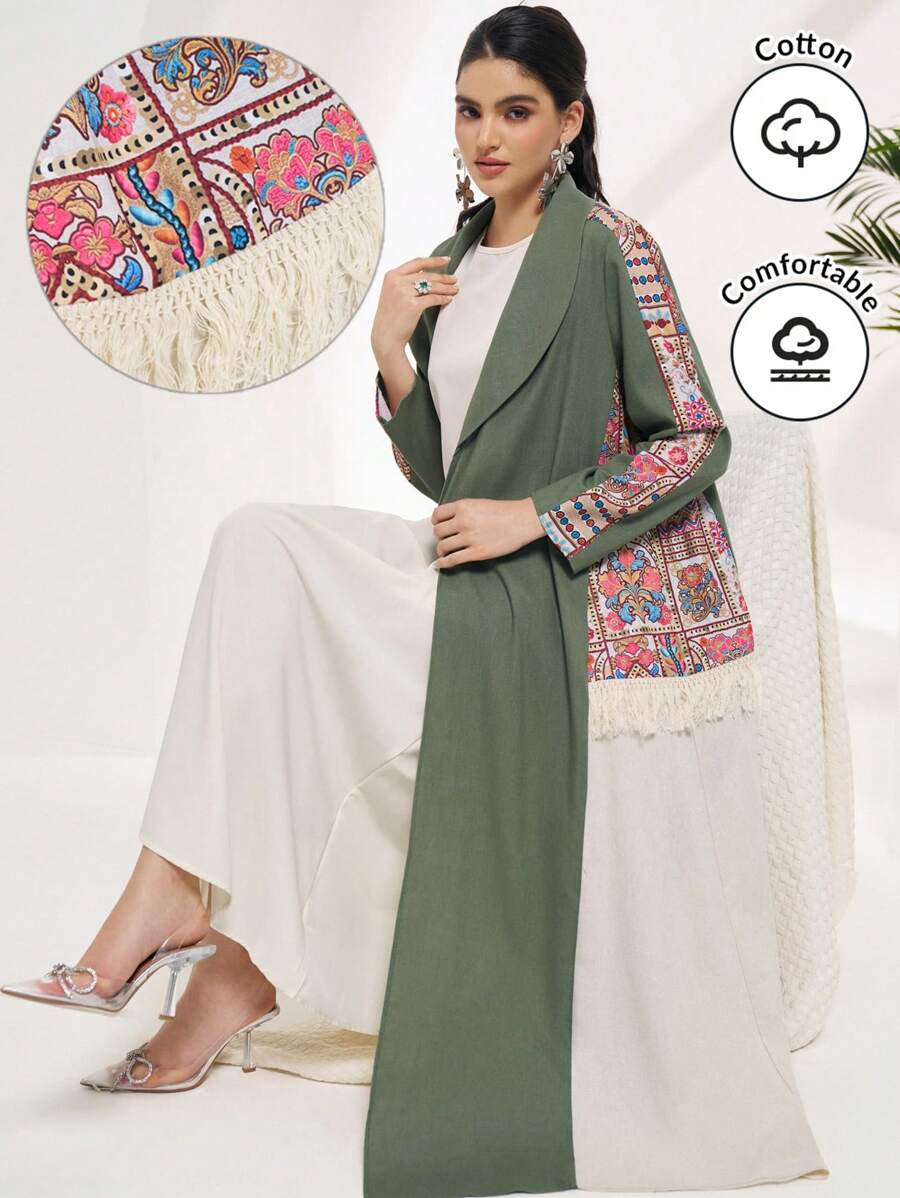 Al Najma Conservative Casual Color Block Print Patchwork Tassel Decorated Women's Arabian Abaya, Modest Robe - Green - View 1