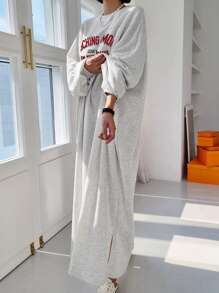 DAZY 宽松长袖字母印花连衣裙，女士休闲开叉长袖圆领修身短款灰色棉质落肩字母，标语 T 恤女式短裙，春/秋，休闲日常穿着 - 灰色 - 查看 8