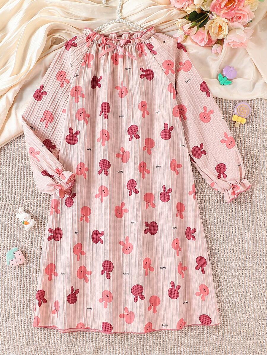 Tween Girls Cute Rabbit Print Long Sleeve Night Gown Loungewear - Pink - View 1