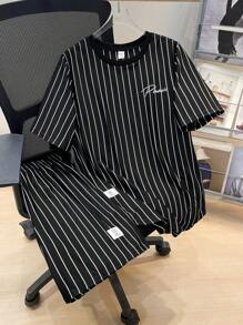 SHEIN 2 Pieces Set Of Teen Boy Striped Printed Short Sleeved T-Shirt And Shorts, With Patterns, Urban, Gothic Style Spring Clothing; Youth Boy Clothing; Teen Boy Jacket, Back To School In Spring - Black - View 8