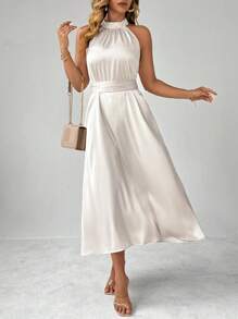 Celure Plus Size Women's Dress, Elegant Satin Fabric With Comfortable & Skin-Friendly Bestselling Material, Solid Color, Small Stand Collar Waist Tied Belt Slimming And Elongating, Bowknot Decoration At Back Waist, Sleeveless, Simple & Fashionable For Party, Suitable For New Year's Day Daily Commute, Shopping And Entertainment, Wedding And Banquet, Comfortable Fabric, High Cost-Performance