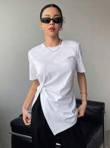 DAZY 純色扭紋前開叉下擺 T 卹 - 白色 - 查看 6