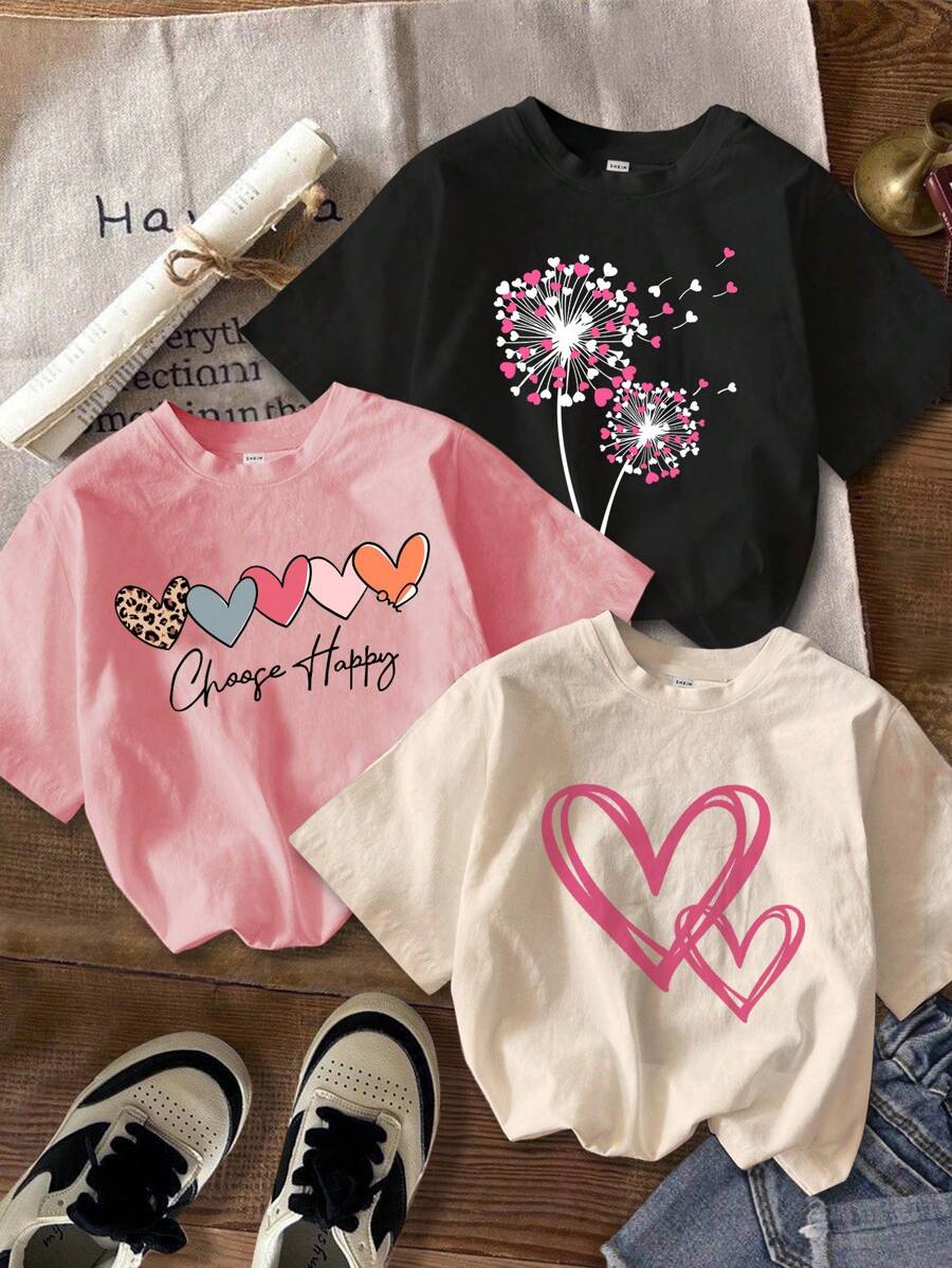 SHEIN 3 件套 Tween 女童休闲简约卡通心形和花朵图案 T 恤,夏季 - 彩色 - 查看 1