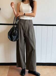 DAZY Women Solid Color Loose Pocket Pleated Ankle Length Pants - Grey - View 8