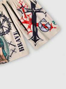 ROMWE MEN Street Life 1pc Men's Cross Letter Print Drawstring Waist Loose Casual Shorts - Khaki - View 3