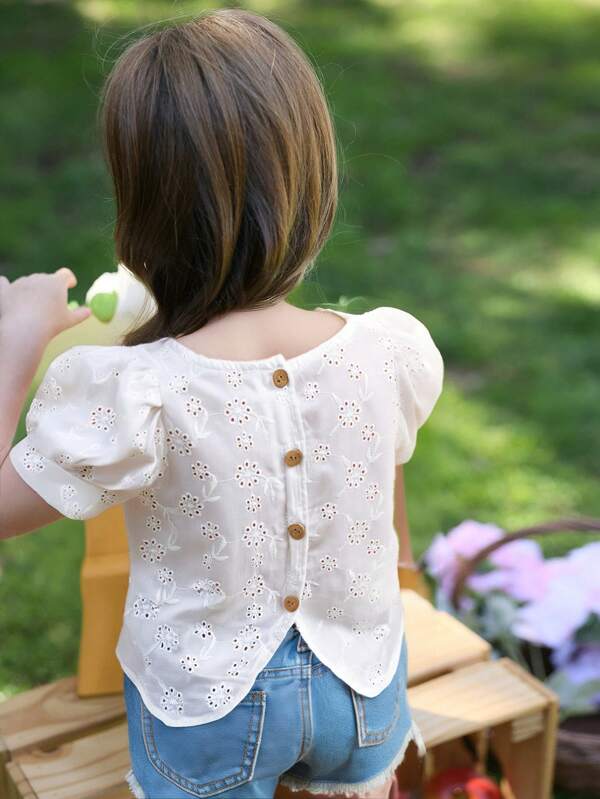 SHEIN Young Girls' Plain Woven Puff Sleeve Hollow Out Casual Blouse