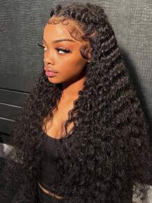 ALL READY WIG 180 密度深波浪假发，自然色，女士真人发，全套假发，预漂白，预拔，预剪，蕾丝融化蕾丝，7x5 无胶假发，100% 真人发质，前额假发，9AM HAIR - Natural Black - 查看 3