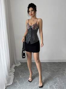 Elenzga Blusa de mujer con estampado de leopardo, patchwork y cuero, sexy y dulce - Negro - Ver 6