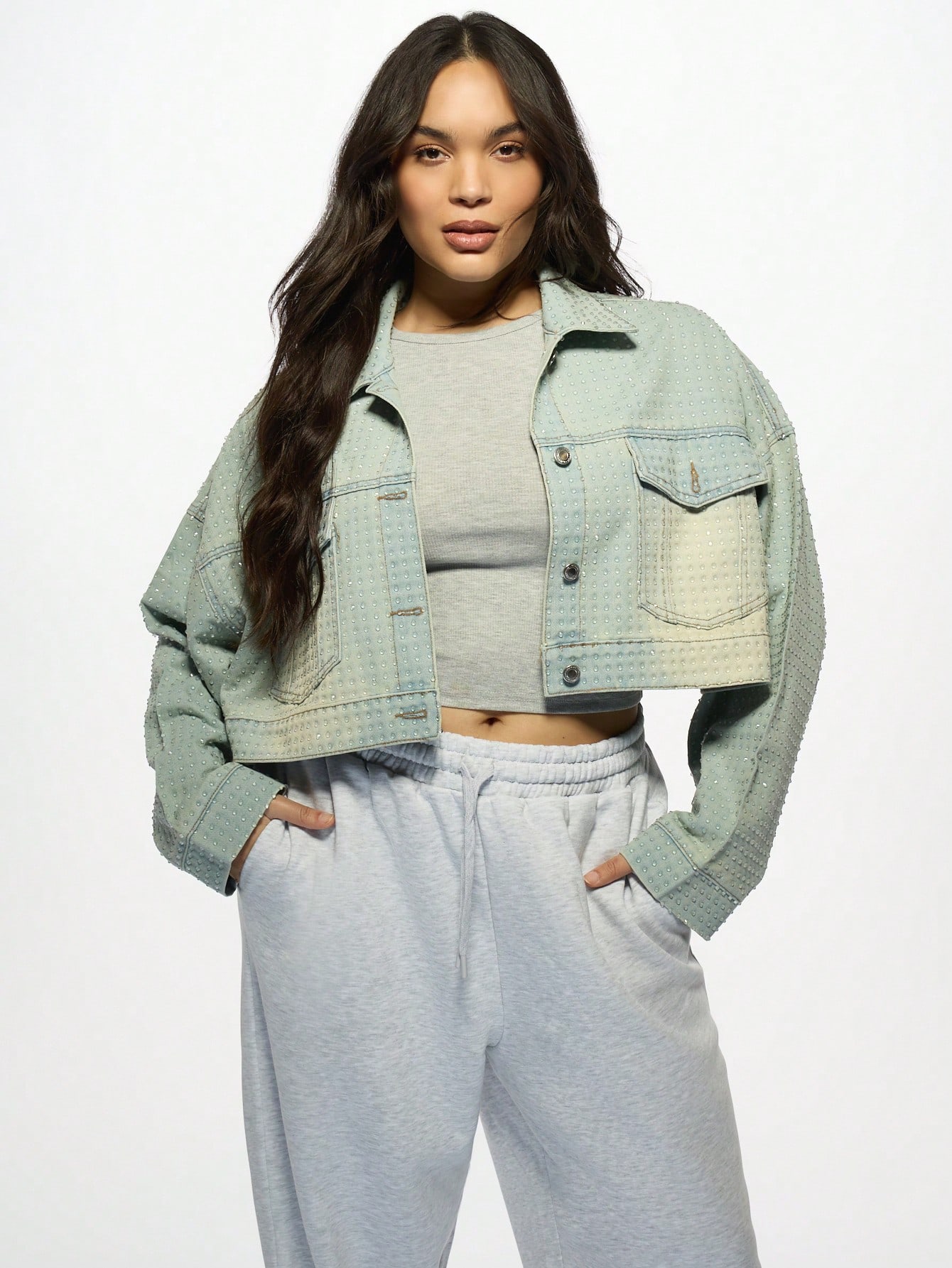 MISSGUIDED PLUS Oversized Studded Crop Rhinestone Embellished Plus Size Denim Jacket