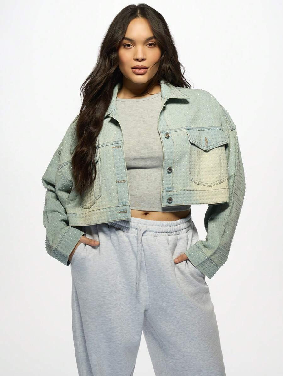 MISSGUIDED PLUS Studded Crop Denim Jacket Hot Fix Rhinestone Embellished Oversized Jean Jacket Y2K Statement Piece Street Style Festival Wear Spring Summer Outerwear - Dusty Blue - View 1
