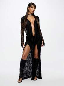 SUMWON WOMEN Elegant Lace Double Front Slit Evening Maxi Skirt Party Wedding Formal Occasion Long Split Skirt Holiday Resort Festive Season Designer Style - Black - View 5