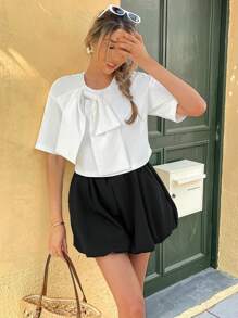 Chiquease Chemise décontractée et polyvalente pour femmes avec col rond, manches courtes, texture froissée et décoration de nœud