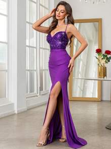 SHEIN Belle 吊带露背高腰亮片拼接高开叉长裙连衣裙毕业夏季连衣裙长款女装 - 紫色 - 查看 6