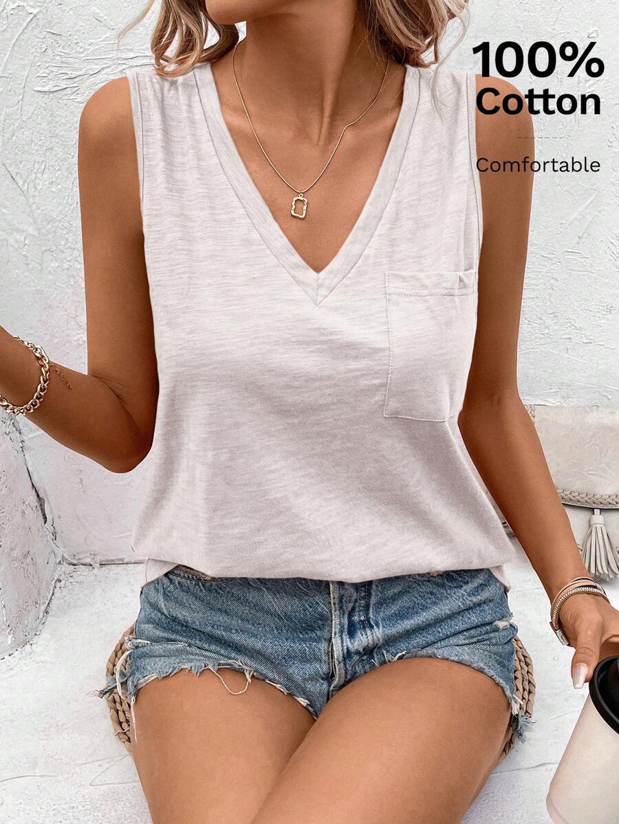 SHEIN LUNE Camiseta sin mangas de cuello en V de color sólido, casual - Albaricoque - Ver 1