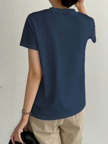 Dazy-Less 纯色缝线细节T恤，复古风格商务休闲女士工作服 - 藏蓝色 - 查看 4