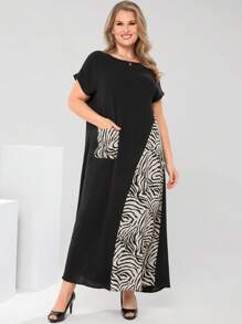 EMERY ROSE 大码女式斑马纹拼布圆领短袖口袋休闲连衣裙，优雅女装，女士夏季服装/夏季，女士度假服装，夏装，朴素服装