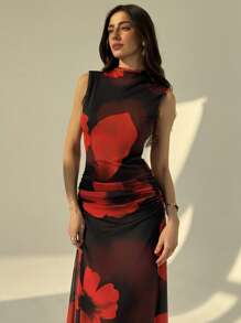 Aloruh 全新复古浪漫红色花卉印花网眼弹力修身 A 字长款度假/约会连衣裙 - 黑色 - 查看 4