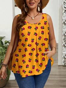 EMERY ROSE 加大码宽松热带碎花褶饰宽肩带背心，适合春夏季 - 彩色 - 查看 3