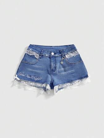Grunge Punk Shorts vaqueros de cintura baja de mujer con bordado de corazones, encaje y lazo, en color azul, tipo mini