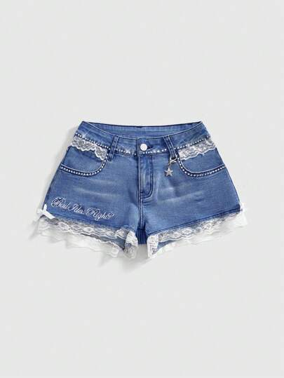 Grunge Punk Cute Heart Embroidery Lace Bowknot Summer Blue Super-Mini Low-Waist Women's Denim Shorts
