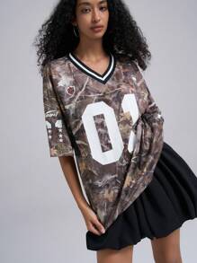 Easelle Summer Sport Women's Casual V-Neck Loose Fit Letter & Number Print Short Sleeve Knitted Mesh Jersey T-Shirt For Ball Games 2025 New Arrival