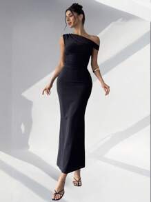 Firerie 女士黑色不对称肩部网眼衬衫和长款鱼尾裙两件套 - 黑色 - 查看 6