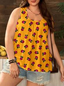 EMERY ROSE 加大码宽松热带碎花褶饰宽肩带背心，适合春夏季 - 彩色 - 查看 6