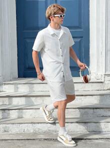 SHEIN Teen Boy Casual Beach Waves Wide-Collar Short Sleeve Shirt And Shorts Two-Piece Set - White - View 6