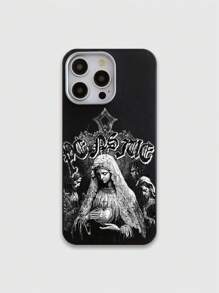 ROMWE Goth Funda de teléfono con gráfico de retrato y texto de la Virgen María compatible con iPhone