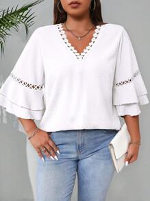 EMERY ROSE Plus Size Women's Solid Color V-Neck Long Sleeve Blouse, Minimalist & Stylish - White - View 5